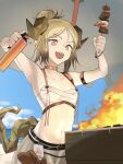  1girl :d arknights arm_strap arms_up bandeau bangs barbecue bare_arms bare_shoulders beach beach_umbrella belt belt_buckle bikini black_belt blonde_hair blowtorch blue_sky buckle choker clouds collarbone commentary day drawdrawdeimos fire flame food grill hair_bun high_ponytail highres holding holding_food horns ifrit_(arknights) ifrit_(sunburn)_(arknights) kebab meat nail_polish navel ocean open_mouth orange_choker orange_nails outdoors sand sarashi seafood see-through sharp_teeth short_hair shrimp skewer sky smile solo stomach swimsuit tail teeth umbrella white_bikini 