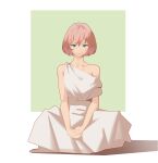  1girl absurdres bare_arms bare_shoulders blue_eyes closed_mouth collarbone commentary full_body green_background hands_on_lap highres looking_at_viewer mudined original pink_hair shadow short_hair sitting solo toga two-tone_background white_background 