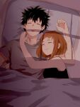  1boy 1girl bed boku_no_hero_academia brown_hair couple hetero highres mashiro_haneda midoriya_izuku open_mouth scar_on_arm sleeping sleepwear smile under_covers uraraka_ochako window_shade 