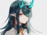  1girl arknights black_collar black_hair china_dress chinese_clothes collar commentary dragon_horns dress dusk_(arknights) ear_piercing expressionless green_hair hair_over_one_eye horns looking_at_viewer miike_(992058) multicolored_hair necktie piercing pointy_ears portrait red_eyes red_neckwear simple_background sleeveless sleeveless_dress solo streaked_hair white_background white_dress 