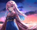  1girl absurdres bangs blue_eyes blue_hair blue_hakama blurry blurry_background blush closed_mouth day eyebrows_visible_through_hair floating_hair floral_print hair_between_eyes hakama haseon360 highres island japanese_clothes kimono long_hair long_sleeves looking_at_viewer multicolored_hair original outdoors pink_kimono print_kimono silver_hair solo standing straight_hair two-tone_hair very_long_hair 