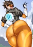  1girl ass ayuayu_(shouyu_no_sato) bad_perspective blizzard_(company) bodysuit bomber_jacket brown_hair chest_harness goggles harness huge_ass jacket leather leather_jacket orange_bodysuit orange_goggles overwatch pants short_hair solo solo_focus spiky_hair tight tight_pants tracer_(overwatch) v 