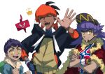  3boys :d bag baseball_cap black_hair black_hoodie blue_jacket blush bright_pupils cape champion_uniform closed_eyes closed_mouth collared_shirt crossed_arms dark-skinned_male dark_skin duffel_bag dynamax_band earrings facial_hair fangs fur-trimmed_cape fur-trimmed_jacket fur_trim gen_4_pokemon gloves green_bag gym_leader hand_on_hip hand_up hat highres hood hoodie hop_(pokemon) jacket jewelry komame_(st_beans) leon_(pokemon) long_hair looking_at_viewer male_focus multiple_boys open_mouth orange_headwear partially_fingerless_gloves pokemon pokemon_(game) pokemon_swsh purple_hair raihan_(pokemon) red_cape rotom rotom_phone shield_print shirt short_hair simple_background single_glove smile sword_print symbol-only_commentary tongue undercut white_background white_pupils yellow_eyes 