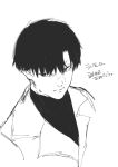  1boy bangs closed_mouth commentary_request covered_collarbone greyscale jacket looking_at_viewer male_focus monochrome portrait sanoi_(giraffe) shirt short_hair simple_background solo tokyo_ghoul tokyo_ghoul:re translation_request upper_body urie_kuki white_background 