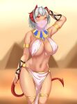  1girl absurdres ahoge alinlinlinglin antennae arknights arm_up armpits bangs bare_arms bare_shoulders breasts commentary cowboy_shot desert egyptian_clothes eyebrows_visible_through_hair grin highres horns large_breasts looking_at_viewer midriff mouth_veil navel outdoors pelvic_curtain pyramid red_eyes revealing_clothes short_hair silver_hair smile solo standing stomach tail thighlet thighs veil w_(arknights) 