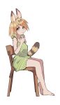  animal_ears bare_legs bare_shoulders barefoot blonde_hair casual cat_ears cat_girl cat_tail chair commentary_request dress eyebrows_visible_through_hair green_dress highres kemono_friends nanana_(nanana_iz) serval_(kemono_friends) short_hair sitting sleeveless tail yellow_eyes 