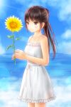  1girl blue_sky blush brown_eyes day dress flower holding holding_flower long_hair original outdoors ponytail sky sleeveless sleeveless_dress smile standing sunflower sunlight white_dress yurubine 