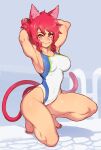  1girl animal_ears armpits arms_up bare_legs breasts cat_ears cat_girl cat_tail closed_mouth commentary competition_swimsuit covered_nipples english_commentary facial_mark full_body highres kollerss kollie_(kollerss) large_breasts looking_at_viewer medium_hair nail_polish one-piece_swimsuit original pink_eyes pink_hair pink_pupils pool_ladder red_nails smile solo squatting swimsuit tail toenail_polish toenails 