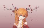  1girl absurdres bangs bare_shoulders black_ribbon blue_eyes chinese_commentary closed_mouth commentary_request dress falling_petals flower hair_between_eyes hair_ribbon hand_in_hair hand_up highres long_hair looking_at_viewer mudined neon_genesis_evangelion off_shoulder orange_hair petals pink_background red_dress red_flower ribbon solo souryuu_asuka_langley upper_body 