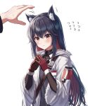  1girl absurdres animal_ear_fluff animal_ears arknights bangs black_hair blush closed_mouth crossed_bangs daisy_cutter eyebrows_visible_through_hair fingers_together gloves highres jacket long_hair long_sleeves orange_eyes red_gloves simple_background solo_focus texas_(arknights) upper_body white_background white_jacket wide_sleeves wolf_ears wolf_girl 