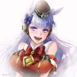  1girl :d animal_ears artist_name bangs blue_bow bow breasts gold_ship_(umamusume) hair_bow highres horse_ears horse_girl isaki_(1015m) large_breasts long_hair open_mouth pillbox_hat red_bow simple_background smile umamusume upper_body violet_eyes white_background 