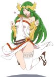  1girl ashiomi_masato bare_shoulders breasts dress green_hair jewelry kid_icarus large_breasts long_hair necklace open_mouth palutena simple_background single_thighhigh smile solo super_smash_bros. thigh-highs tiara very_long_hair white_background 