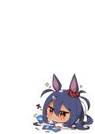  :3 animal_ears bangs blue_hair blue_sailor_collar blush chibi closed_mouth eyebrows_visible_through_hair hair_between_eyes highres hishi_amazon_(umamusume) horse_ears long_hair lying muuran notice_lines on_stomach red_eyes sailor_collar shirt short_sleeves sparkle tan twitter_username umamusume white_background white_shirt wide_sleeves 