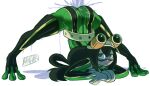 1girl artist_name ass asui_tsuyu bangs banjabu belt bodysuit boku_no_hero_academia bow_by_hair frog_girl gloves goggles goggles_on_head green_bodysuit green_eyes green_hair hair_between_eyes hair_rings jack-o&#039;_valentine long_hair looking_at_viewer low-tied_long_hair pose pouring simple_background smile solo spread_legs superhero very_long_hair water wet white_background 