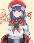  1girl chef_hat fate/grand_order fate_(series) hat highres martha_(fate) moninora oven_mitts pot purple_hair santa_hat signature smile tarrasque_(fate) violet_eyes yellow_background 