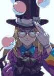  1boy ascot asymmetrical_gloves avery_(pokemon) black_headwear black_neckwear blonde_hair blue_eyes commentary_request floating floating_object glasses gloves hands_up hat highres komame_(st_beans) long_hair looking_at_viewer male_focus mismatched_gloves parted_lips poke_ball poke_ball_(basic) pokemon pokemon_(game) pokemon_swsh round_eyewear shirt smile solo telekinesis top_hat 