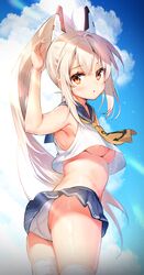  1girl absurdres arm_up armpits ascot ass ayanami_(azur_lane) azur_lane bare_arms bare_shoulders blonde_hair blue_skirt breasts clouds commentary_request cowboy_shot crop_top crop_top_overhang eyebrows_visible_through_hair headgear highres kiyosato_0928 long_hair looking_at_viewer mechanical_ears microskirt midriff miniskirt orange_eyes panties parted_lips pleated_skirt ponytail sailor_collar school_uniform serafuku shirt sidelocks skirt sleeveless sleeveless_shirt small_breasts solo thigh-highs thighs under_boob underwear very_long_hair white_legwear white_panties white_shirt 