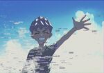  1boy arm_up bangs black_shirt closed_eyes clouds collarbone dark-skinned_male dark_skin day glitch grin highres hop_(pokemon) komame_(st_beans) male_focus outdoors pokemon pokemon_(game) pokemon_swsh purple_hair shirt short_hair short_sleeves sky smile solo spread_fingers teeth 