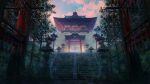  absurdres architecture branch clouds east_asian_architecture grass highres hisamesy huge_filesize leaf no_humans original outdoors scenery shrine sky stairs sunlight tree twilight wind_chime window 