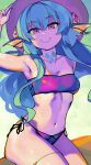  armpits bikini eyebrows_visible_through_hair finana_ryugu flower green_hair hair_flower hair_ornament head_fins highres lazulight long_hair looking_at_viewer mermaid monster_girl navel nijisanji nijisanji_en pink_bikini purple_flower smile stomach swimsuit violet_eyes virtual_youtuber woofycakes 