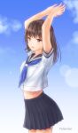  1girl armpits arms_up artist_name black_skirt blue_sky blush brown_eyes brown_hair day long_hair looking_at_viewer navel original outdoors pink_nails school_uniform serafuku shirt short_sleeves skirt sky sweat uniform white_shirt yurubine 