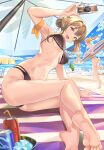  3girls :d arm_ribbon arm_support arm_up armpits ass bare_shoulders barefoot beach beach_mat beach_umbrella bikini black_bikini breasts brown_hair camera hair_bun hair_ornament hairclip highres holding long_hair looking_at_viewer medium_breasts mosta_(lo1777789) multi-strapped_bikini multiple_girls navel ocean open_mouth original ribbon sitting smile stomach string_bikini surfboard swimsuit thighs tied_hair umbrella under_boob water yokozuwari 