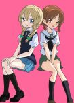  2girls alternate_hairstyle bangs black_footwear black_legwear black_neckwear blonde_hair blouse blue_eyes blue_skirt blue_sweater braid brown_eyes brown_footwear brown_hair closed_mouth commentary_request darjeeling_(girls_und_panzer) dress_shirt girls_und_panzer green_ribbon green_skirt hair_ribbon hair_up hands_on_lap head_tilt invisible_chair long_sleeves looking_at_viewer low_twintails medium_hair miniskirt multiple_girls neckerchief necktie nishizumi_miho ooarai_school_uniform open_mouth pink_background pleated_skirt puffy_short_sleeves puffy_sleeves red_ribbon ribbon rurikoke sailor_collar school_uniform serafuku shirt shoes short_hair short_sleeves side-by-side simple_background sitting skirt smile socks st._gloriana&#039;s_school_uniform summer_uniform sweater sweater_vest twin_braids twintails v-neck v_arms white_blouse white_sailor_collar white_shirt wing_collar yuri 