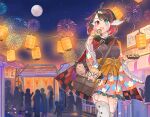  1girl aqua_eyes bag bangs black_hair blue_flower blush braid eyebrows_visible_through_hair feet_out_of_frame fireworks floral_print flower food grey_legwear heterochromia highres holding holding_food horns lantern long_sleeves multicolored_hair open_mouth original paper_lantern red_eyes red_flower redhead rei_(aurirei) second-party_source shoulder_bag smile solo thigh-highs two-tone_hair white_flower white_horns wide_sleeves yun-yang 