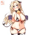  1girl alternate_costume animal_ears animal_print artist_logo bell bikini blonde_hair cow_ears cow_girl cow_horns cow_print cow_tail cowbell cowboy_shot cup dated front-tie_top grey_eyes holding holding_cup hornet_(kancolle) horns kanon_(kurogane_knights) kantai_collection long_hair looking_at_viewer mug neck_bell one-hour_drawing_challenge print_bikini print_legwear side-tie_bikini simple_background solo standing swimsuit tail thigh-highs white_background 
