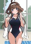  1girl absurdres ahoge blue_eyes blush breasts brown_hair groin headband highres jacket jacket_on_shoulders kantai_collection kongou_(kancolle) large_breasts looking_at_viewer one-piece_swimsuit short_hair sidelocks sketch solo swimsuit swimsuit_under_clothes thighs white_headband yunamaro 