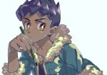  1boy black_shirt blue_jacket bright_pupils closed_mouth commentary_request dark-skinned_male dark_skin fingernails fur-trimmed_jacket fur_trim highres holding holding_pencil hop_(pokemon) jacket komame_(st_beans) male_focus open_clothes open_jacket pencil pokemon pokemon_(game) pokemon_swsh purple_hair shirt short_hair simple_background sleeves_past_elbows solo white_background white_pupils 