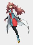  1girl android_21 blue_eyes breasts checkered checkered_dress dragon_ball dragon_ball_fighterz dress earrings full_body glasses hoop_earrings jewelry kemachiku labcoat long_hair long_sleeves medium_breasts red_ribbon_army redhead solo 
