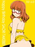  1girl bangs bikini black_legwear blunt_bangs character_name closed_mouth commentary_request dated english_text eyebrows_visible_through_hair frilled_bikini frills from_side girls_und_panzer glasses happy_birthday long_hair looking_at_viewer oosaka_kanagawa orange_eyes orange_hair partial_commentary red-framed_eyewear semi-rimless_eyewear simple_background skindentation smile solo swimsuit takebe_saori thigh-highs under-rim_eyewear yellow_background yellow_bikini 