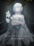  1girl bare_shoulders bow closed_eyes collarbone copyright_name dress flower grey_bow hair_between_eyes hairband highres holding holding_flower large_bow long_hair nier nier_(series) object_hug parted_lips satome_setsuko shiny shiny_skin solo white_dress white_flower white_hairband 