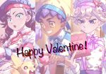  1girl 2boys alternate_hairstyle apron bangs bede_(pokemon) berry_(pokemon) blonde_hair blue_eyes book bow bowtie braid bright_pupils buttons chef_hat closed_mouth collared_dress commentary_request curly_hair dress earrings gen_8_pokemon grin hand_up happy_valentine hat highres holding holding_book hop_(pokemon) jewelry komame_(st_beans) marnie_(pokemon) morpeko morpeko_(full) multiple_boys open_mouth pecha_berry pokemon pokemon_(creature) pokemon_(game) pokemon_swsh red_neckwear short_sleeves smile sweatdrop teeth tongue twin_braids waist_apron white_pupils yellow_eyes 