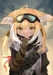  1girl animal_ear_fluff animal_ears arknights bandana bangs blonde_hair brown_eyes brown_gloves closed_mouth clouds cloudy_sky commentary_request dirty dirty_face eyebrows_visible_through_hair fingerless_gloves fox_ears gloves goggles goggles_on_head hand_up highres long_hair looking_at_viewer multicolored_hair outdoors sakurami_sumi sky solo suzuran_(arknights) suzuran_(lostlands_flowering)_(arknights) two-tone_hair upper_body v-shaped_eyebrows white_hair 
