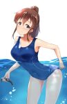  1girl absurdres adjusting_clothes adjusting_swimsuit air_bubble blue_eyes blue_swimsuit blush brown_hair bubble closed_eyes commentary covered_navel cowboy_shot frown highres holding idolmaster idolmaster_million_live! leaning_forward looking_at_viewer medium_hair one-piece_swimsuit partially_submerged ponytail satake_minako simple_background solo standing standing_on_one_leg swimsuit watch watch water wattsu white_background 
