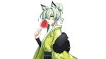 1girl absurdres alternate_costume alternate_hairstyle animal_ear_fluff animal_ears arknights breasts candy_apple cat_ears chinese_commentary ddddecade eating eyebrows_visible_through_hair food fur_scarf furrowed_brow green_eyes green_kimono hair_between_eyes hair_bun highres holding holding_food japanese_clothes kal&#039;tsit_(arknights) kimono licking light_green_hair looking_at_viewer medium_breasts medium_hair obi open_mouth sash sidelocks simple_background solo tongue tongue_out upper_body wavy_hair white_background wide_sleeves 