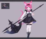  1girl animal_ear_fluff animal_ears axe black_dress black_footwear black_hairband blue_eyes bow cat_ears cat_girl cat_tail closed_mouth color_guide dress fantasy frills frown gradient grey_background hairband heart highres holding holding_axe holding_weapon huge_weapon lama_064 maid original pink_hair pink_ribbon ribbon short_hair simple_background sleeves_past_wrists solo tail weapon white_bow white_legwear 