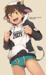  1boy absurdres beater blush boxer_briefs brown_hair bulge chinese_zodiac cow_hood cow_tail green_eyes highres looking_at_viewer male_focus male_underwear open_mouth original smile solo tail twitter_username underwear year_of_the_ox 