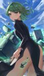  1girl absurdres ass black_dress blush breasts curly_hair debris dress esper from_side green_eyes green_hair highres huge_filesize legs looking_back mrr_05 one-punch_man parted_lips rubble short_hair side_slit small_breasts solo tatsumaki telekinesis 