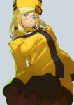  1girl ashiomi_masato blonde_hair blue_eyes breasts closed_mouth dress guilty_gear guilty_gear_xrd hat looking_at_viewer medium_hair millia_rage simple_background solo 