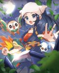  1girl :o akari_(pokemon) black_hair blurry clouds commentary_request cyndaquil eyelashes gen_2_pokemon gen_5_pokemon gen_7_pokemon grey_eyes haru_(haruxxe) head_scarf highres jacket leaf long_hair moon night open_mouth oshawott outdoors pokemon pokemon_(creature) pokemon_(game) pokemon_legends:_arceus pokemon_on_arm ponytail rowlet sidelocks sky spread_fingers star_(sky) starter_pokemon_trio tongue white_headwear 