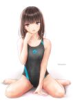  1girl :o artist_name barefoot between_legs black_swimsuit brown_eyes brown_hair competition_swimsuit full_body hand_between_legs hand_up highres looking_at_viewer one-piece_swimsuit original school_swimsuit simple_background sitting solo swimsuit wariza wet white_background yurubine 