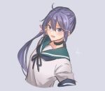  1girl akebono_(kancolle) bell black_choker blue_sailor_collar choker cropped_torso flower grey_background hair_bell hair_flower hair_ornament highres jingle_bell kantai_collection knt02142769 long_hair looking_at_viewer purple_hair remodel_(kantai_collection) sailor_collar school_uniform serafuku short_sleeves side_ponytail simple_background solo very_long_hair violet_eyes 