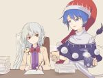  2girls bags_under_eyes bangs beige_jacket black_dress blue_eyes blue_hair bow bowtie braid chair coffee_mug cup doremy_sweet dress french_braid hair_between_eyes idaku kishin_sagume mug multiple_girls paper_stack pen pom_pom_(clothes) purple_dress red_eyes red_headwear silver_hair single_wing steam table tail tapir_tail touhou white_dress wings 