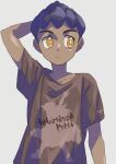  1boy arm_behind_head bangs bright_pupils brown_shirt character_print closed_mouth commentary_request dark-skinned_male dark_skin eyelashes highres hop_(pokemon) komame_(st_beans) leon_(pokemon) male_focus pokemon pokemon_(game) pokemon_swsh purple_hair shirt short_hair solo t-shirt white_pupils yellow_eyes 