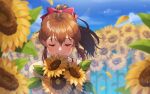  1girl bangs blue_sky blurry blurry_background blurry_foreground bow bra_strap brown_hair closed_eyes closed_mouth day eyebrows_visible_through_hair facing_viewer flower hair_bow holding holding_flower idolmaster idolmaster_million_live! kamille_(vcx68) medium_hair outdoors ponytail red_bow satake_minako shirt sky smile solo sunflower white_shirt 