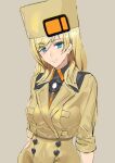  1girl ashiomi_masato blonde_hair blue_eyes breasts closed_mouth fur_hat guilty_gear guilty_gear_strive hat long_hair looking_at_viewer millia_rage orange_headwear simple_background smile solo ushanka 