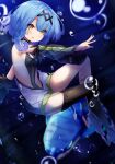  1girl absurdres armpits asymmetrical_legwear azur_lane bangs black_legwear blue_hair blurry breasts bubble commentary depth_of_field detached_sleeves eyebrows_visible_through_hair eyes_visible_through_hair hair_between_eyes hair_ornament highres leer.meer looking_at_viewer midriff namesake nautilus_(animal) nautilus_(azur_lane) navel ocean short_hair short_hair_with_long_locks sidelocks underwater yellow_eyes zipper 